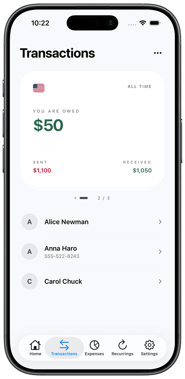 Transactions view